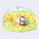 3D pop up card of 2 shiba inu dogs sitting amongst sun flowers in front of a blue sky with fluffy white clouds.
