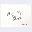 Two cartoon character drawn in black line art on white paper. A one-eyed horse bucks off a bunny-like character, whose cowboy hat flies off.