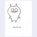 Black ink illustration of a character with a rounded head, large eyes and fanged mouth with bat wings and ears. It stands and looks.