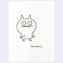 Black ink illustrawtion of a character with a rounded head, large eyes and fanged mouth with bat wings and ears. It sits and looks.