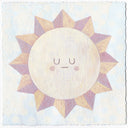 Painting of a cream colored sun with triangle rays coming out of it. Sun has a simple closed eye expression.