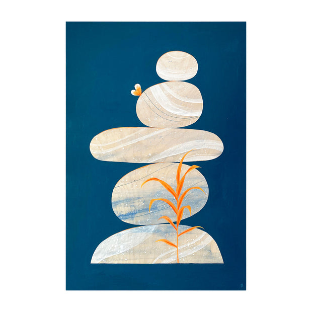 Collage style painting of a balanced stack of rocks on a solid navy blue background. Rocks are cream color with bold abstract marbling patterns, each rock is a different shape or size. A small orange butterfly rests atop a rock and an orange weed grows in front of the stack.