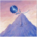 Painting of a large purple mountain against a pink and orange sunset sky. Mountain has a simple closed eye expression and a large blue flower balances atop its point.
