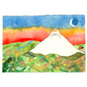Illustration of a tall white mountain, with the top shaped like a cat's head with a closed eye cat face. It looms over much greenery and flowers and the sky is a blue to red gradient sunset.