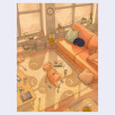 Illustration on tan paper of a character, with a round head and simple, nude body, laying on the floor in a living room with large windows. Ghost like shadows form on the ground around him, as he looks up and off into the distant ceiling. 