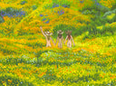 Painting of a very lush wild flower field, during a super bloom where every green surface is covered with yellow, orange and purple flowers. Off in the distance, 3 nude girls roam.