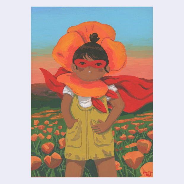 Colorful painting of a small tan girl wearing a red superhero mask and cape, standing in a fully bloomed poppy field during sunset. Around her neck is a large collar of an orange poppy flower.