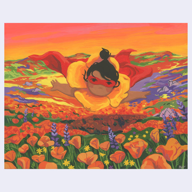 Colorful painting of a small tan girl, soaring through the air above a large valley filled with poppies, lavender and mustard plants. She has a red superhero mask and cape and around her neck is a collar made out of a large orange poppy flower. A red/orange sunset is behind her.