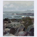 An impressionistic landscape painting of a rocky coastline under a cloudy sky, rendered in muted tones of gray, blue-green, brown, and white.
