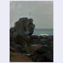 An impressionistic landscape painting depicting a dark rocky coastline with a muted gray sky and turquoise ocean waves in the distance.