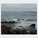 An impressionistic painting of a calm sea with dark rocky shoreline, rendered in muted blue-gray, gray, white, and brown tones.