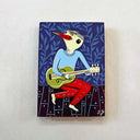 Painting of a bird-like character playing a guitar on a blue background with leaf patterns.