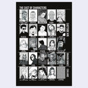 Excerpt from a graphic novel with illustrations in a grid of various portraits and text on a black background