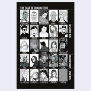 Excerpt from a graphic novel with illustrations in a grid of various portraits and text on a black background