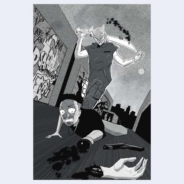 Black and white illustration of a person lying on the ground with another person standing over them, in an urban setting.