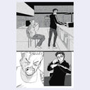 Black and white comic strip with two characters in a room, one standing and one sitting.