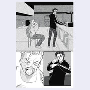 Black and white comic strip with two characters in a room, one standing and one sitting.