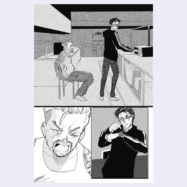 Black and white comic strip with two characters in a room, one standing and one sitting.