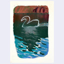 An abstract painting of a swan on water, featuring a textured landscape with a reddish-brown top section, a dark brown middle section with a white swan silhouette, deep green water, and blue waves at the bottom, all on an off-white paper background.