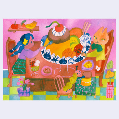Colorful illustration of a girl and a cat sitting at a table. In front of them is a very large pudding, with many fruits and some whipped cream in a cat patterned bowl. A worm eats its own small pudding at a smaller table nearby.