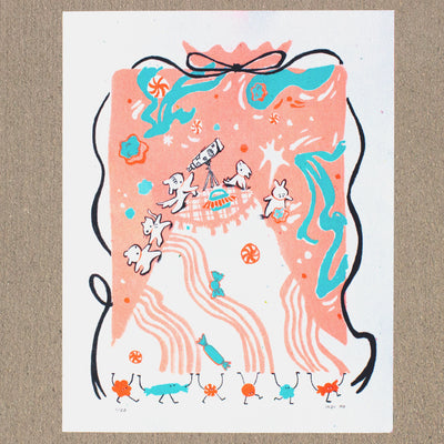 Risograph print of a picnic on a steep hilltop, where cartoon dogs walk up and look through a telescope. The sky is orange with blue swirls and candy pieces.