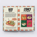 Illustrated book or magazine page about 'Very Stinky Tofu' with text and images of tofu dishes.