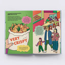 Illustrated book open to two pages showing Taiwanese popcorn chicken and people at a food stand.