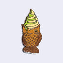 Die cut sticker of a taiyaki fish shaped waffle pastry with a swirl of matcha and vanilla soft serve in it, dripping slightly. Below is text that reads "taiyaki ice cream / Giant Robot"