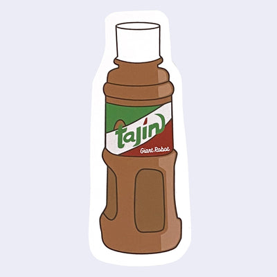 Die cut sticker of a bottle of Tajin with its typical product packaging. Below the logo reads "giant robot" in small white font.