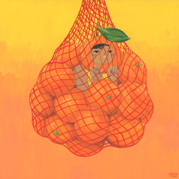 Orange and yellow toned painting of a small tan girl with a leafed tangerine around her head. She is contained within a red mesh bag filled with tangerines. 