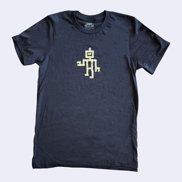 Dark gray t-shirt with a graphic of a small robot made out of tape.