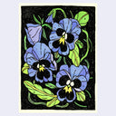 Artwork featuring a stylized floral illustration of blue pansies with black centers, yellow stamens, and green leaves on a black background, bordered by a cream margin.