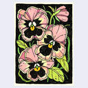 A stylized floral artwork showing three pink pansies with black centers and green leaves on a black background, framed by a light off-white border.