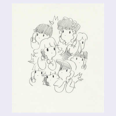 Pencil drawing of A group of kids, all on the phone.