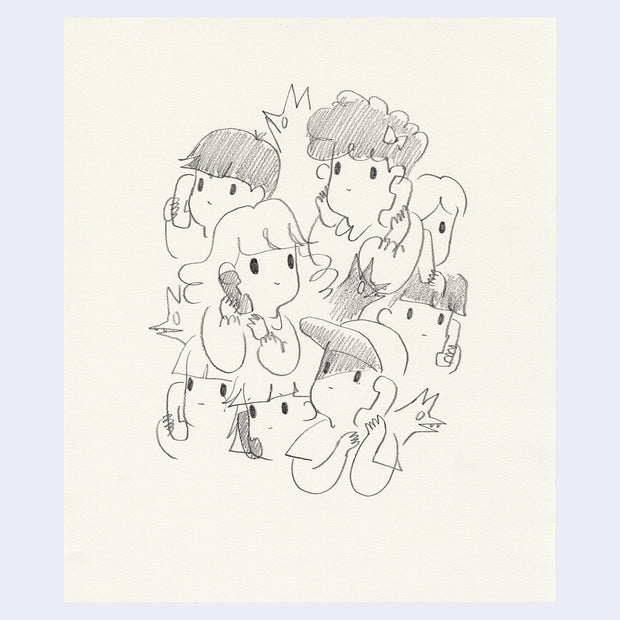 Pencil drawing of A group of kids, all on the phone.