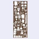 Pattern of white coffee-making icons on a brown rectangular tea towel.