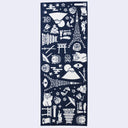 Navy blue towel with white Japanese-themed illustrations on a white background