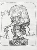 Pencil drawing of a character with a large helmet-like headpiece in the shape of a bird's head with 2 sets of eyes. In the background is mostly empty land with some robotics.