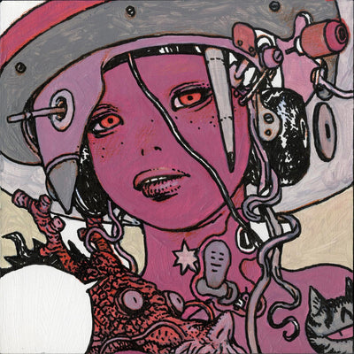 Painting of an androgynous pink person, visible only from the neck up. They wear a helmet with many metal parts and has an empty speech bubble coming out their mouth. A small red dragon shows behind the speech bubble.