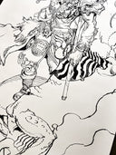 Close up detail of black ink drawing on long, vertical off-white paper of a monkey dressed as a monkey or other fighter with ornate armor and a very dynamic pose, holding his 2 handed weapon behind himself. He floats in the air and a large dragon flies behind him.