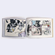 Open booklet 2 page excerpt of art by Katsuya Terada - the left page features a one eyed cat with a surprised expression, reaching out towards a robot character. The right page features a panel style illustration of various characters.