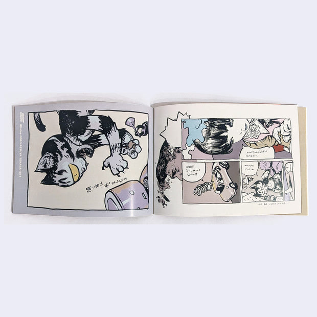 Open booklet 2 page excerpt of art by Katsuya Terada - the left page features a one eyed cat with a surprised expression, reaching out towards a robot character. The right page features a panel style illustration of various characters.