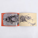 Open booklet 2 page excerpt of art by Katsuya Terada - the left page features a grayscale illustration with a bright orange border of a tired looking girl with a bowl shaped hat and a fluffy coat. Right page has an illustration of a woman seen from the side, with an ornate headpiece of various branches, wires and characters.