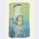 A stylized art print featuring a surreal figure with a tall cylindrical headpiece, goggles, and a blue-toned hand gesture, centered on a pale cream background with a blue-gray field behind the figure.