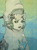 A stylized illustrated portrait of a person in a tall light-colored helmet with goggles, rendered in muted blue, green, and beige tones with black linework.
