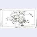 Black and white line art of a woman standing with a giant boar-like fantasy creature head looming behind her. At her side is a humanoid cat dressed in formal wear. 