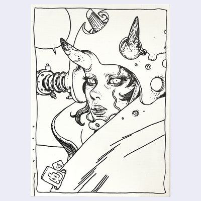 Black and white illustration of a person, seen from the shoulders up, looking to the left with horns and a helmet.