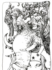 Drawing on long, thin paper of a large trunked elephant with multiple monkeys sitting atop its head. 2 long necked birds are beside him and a person stands behind the trunk, looking forward. 