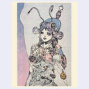 A surreal illustrated art print featuring a stylized girl with a bug-like headpiece with antennae, her hands in a prayer clasp. Below her is a distressed wolf, looking to the side. Colors are blue, purple, pink and a muted orange.