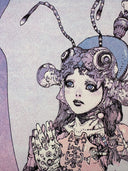 A surreal illustrated art print featuring a stylized girl with a bug-like headpiece with antennae, her hands in a prayer clasp. Below her is a distressed wolf, looking to the side. Colors are blue, purple, pink and a muted orange.